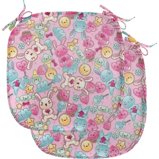 ABAKUHAUS Baby Polster für Esszimmerstühle, Kawaii Hasen und Süßigkeit, Dekoratives wasserfestes Kissen mit Riemen für Küchensitze, 40 cm x 40 cm-2er Pack, Rosa Turquoise Senf - Rosa