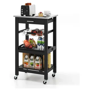 COSTWAY 47x39x85 cm Kleiner Küchenwagen, Servierwagen auf Rollen, Küchenregal mit Arbeitsplatte aus Edelstahl, Schublade&Korb, Rollwagen Küche Schwarz - Schwarz