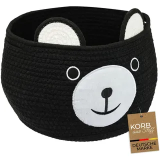 HMF Aufbewahrungskorb mit versteckten Griffen, Korb für Kinderzimmer aus Baumwolle | Bär | 30 x 24 cm | Schwarz