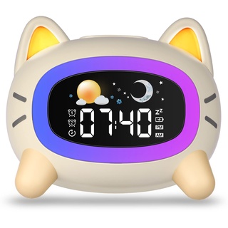 Uplayteck Wecker Kinder, Katze Schlaftrainer Kinderwecker Digital Mit Soundmaschine, Buntem Licht, Snooze und Timer-Funktion, Lichtwecker Wake Up Light für Mädchen, Jungen, Jugendliche