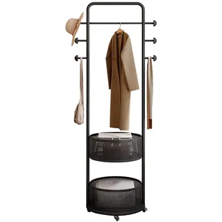 Garderobenständer 3-in-1-Kleiderständer Auf Rollen, Garderobe Mit 2 Metallkörben Und 6 Haken, Kleiderstange Für Kleine Räume, Einfach Zu Montieren Kleider-Organizer Fürs Schlafzimmer(Color:Schwarz)