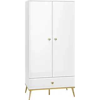 Kleiderschrank Garderobenschrank weiß Hochglanz mit 1 Kleiderstange GUBIN-131 Griffe und Füße goldfarben, B/H/T: ca. 92/190/53 cm - Weiß