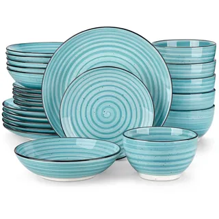 Tafelservice 6 Personen Steingut, vancasso Neue Aktualisierte Doppelseitige BONBON 24-tlg Steingut Geschirr set Blau, Schüssel- und Teller Set, Geschirr Service Modern