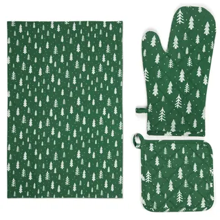 Excelsa Green Winter Set aus Geschirrtuch, Topflappen und Ofenhandschuh, 3 Stück aus grüner Baumwolle mit weißem Tannen-Motiv, inklusive Geschirrtuch 50 x 70 cm, Topflappen 20 x 20 cm und