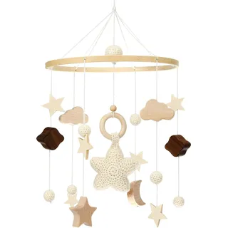 Litimkat Mobile babybett,Mit gehäkelten Sternen, Monden und Wolken hängenden Dekorationen Baby Mobile für das Bett Holz Mobile Baby Windspiel,Geschenk für Baby Mädchen oder Jungen(A)