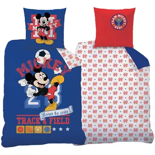 BERONAGE Mickey Mouse Bettwäsche-Set Fußball Blau Rot 135x200 cm + 80x80 cm - 100% Baumwolle Linon/Renforcé Disney Wunderhaus Clubhaus Donald Duck Minnie Maus Goofy Deutsche Größe Reißverschluss