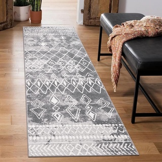 Carvapet Läufer Teppich 60x210cm rutschfest Lang Küchenteppich Waschbar Teppichläufer Weiche Mikrofaser Geometrisch Flächenteppich Laufteppich(Grau)