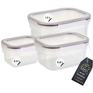 Engelland - 3er Set Aufbewahrungsdosen mit Deckel, luftdicht, auslaufsicher, stapelbar, Vorratsdose, BPA-frei, Kunststoff, verschiedene Größen, 0,4 L / 0,8 L / 1,5 L, transparent