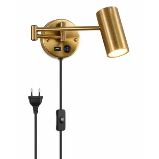 WRMING Wandleuchte mit Stecker und Schalter, Leselampe Wand Gold mit USB Ladeport, Schwenkarm Wandlampe E27 mit 150cm Kabel, 3000K Warmweiß Nachttischlampe für Schlafzimmer Wohnzimmer