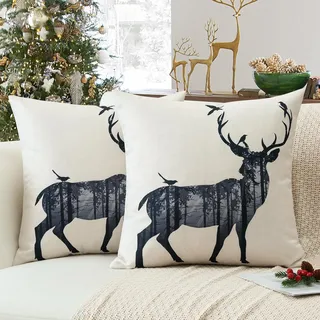 Sungeek 2er Set Weihnachten Kissenbezüge, Hirsch Doppelseitiges Muster Dekorative Zierkissenbezüge Winter Kissenbezug Weihnachtsdeko Kissenhülle für Sofa Schlafzimmer Wohnzimmer (50x50 cm, Wald)
