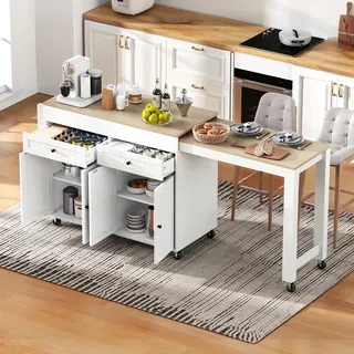 Flieks Servierwagen Kücheninsel mit ausziehbarem Esstisch, Speisewagen mit Schubladen, Staufach und Gewürzregal, 112-180.5x45x92.2 cm, Weiß - Weiß