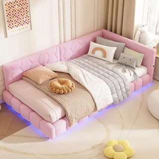Merax Polsterbett 90x200cm mit LED und USB-Anschluss, Tagesbett mit Lattenrost, Schlafsofa aus Teddy-Plüsch, Funktionsbett Doppelbett Kinderbett, Rosa - Rosa