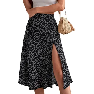 RMBLYfeiye Rock Damen Sommer Lang Vintage Blumenmuster Boho Blümchen Mit Schlitz A-Linien Blumenrock Geblümt Hoher Taille