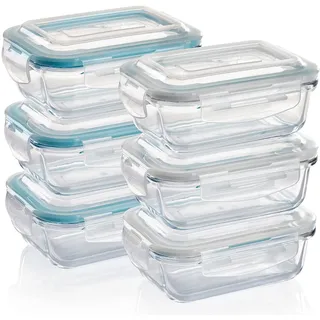 Grizzly Glas Frischhaltedosen, Set 6x 370 ml, luftdicht, rechteckig, Click-Verschluss, vielseitige Vorratsdosen für Ofen, Mikrowelle, Gefrierfach
