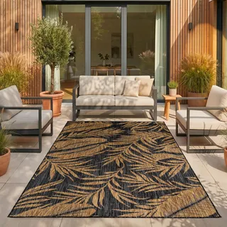 SIMPEX Outdoor Teppich Schwarz Natur Jute Optik 280x370 cm Balkon Terrasse Garten Wetterfest UV-beständig XXL Extra Groß Palmblatt Flachgewebe Pflegeleicht Robust Modern