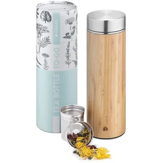 Navaris Teeflasche aus Edelstahl und Bambus mit Sieb - 500ml Tee Flasche Teekanne to go - Trinkflasche Teebehälter Teebecher - auslaufsicher