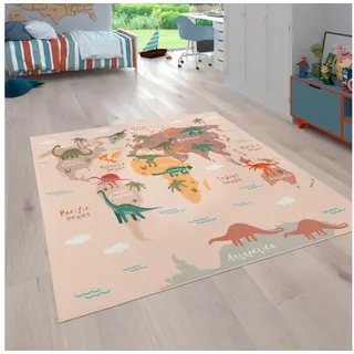 Paco Home Kinderteppich »Bino 583« rechteckig 4 mm Höhe Spielteppich, Motiv Weltkarte , Dinosaurier, Kinderzimmer, beige