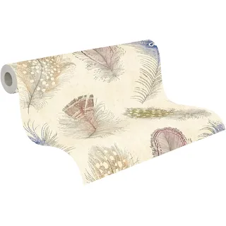 A.S. Création Vliestapete mit Feder-Motiv in Creme, Rot, Gelb, Grau, Blau - Designtapete in Naturoptik 10,05 m x 0,53 m - 791866