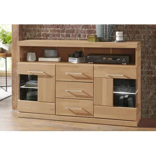 Home Affaire Sideboard HOME AFFAIRE "Ribe,125cm breit, Fronten Massivholz,5 Fächer,Böden versetzbar", beige (kernbuche teilmassiv), B:125cm H:80cm T:35cm, Holz teilmassiv, Sideboards, Sideboard, Korpus Holzwerkstoff,Türen mit Glaseinsatz,3 Schubladen,Metallgriffe