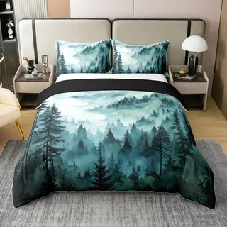 Homewish Grün Teal Nebelvald Bettwäsche 135x200 Berg Nebel Wald Baumwoll Bettwäsche Set Rustikale Pinienbaum Bettbezug Kinder Teen Erwachsene Aquarell Thema Bettset 2 Teilig Schlafzimmer Dekor