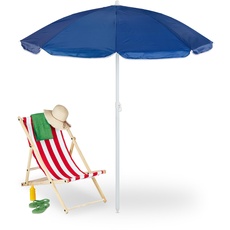 Relaxdays Sonnenschirm, Ø 160 cm, knickbar, höhenverstellbar, UV-Schutz, Strandschirm mit Tasche, Strand & Balkon, blau