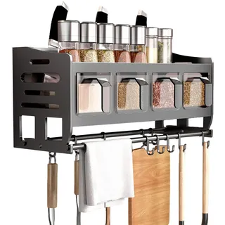 YCBTREE Gewürzregal mit Gewürzboxn, Küchenregal Wand mit Küchenrollenhalter und Haken Kohlenstoffstahl Gewürzregal Hängend Gewürz Organizer für Küchen Arbeitsplatte Schrank (mit 4 Gewürzbox)