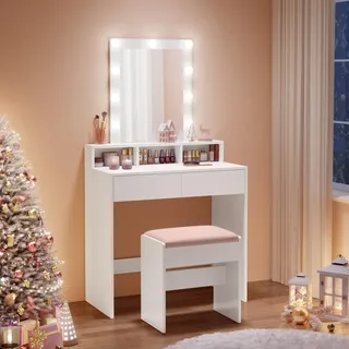 VASAGLE Schminktisch mit LED-Beleuchtung, Sitzhocker, Kosmetiktisch mit 2 Schubladen und 3 offenen Fächern, Makeup-Hocker aus Samt, für Schlafzimmer, weiß und mattweiß-pastellrosa RDT714W01