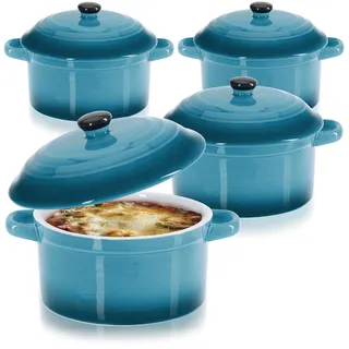 com-four® 4x Auflaufform mit Deckel aus Keramik - Dessertschale für Crème Brûlée - Mini-Schmortopf für Ragout fin und Würzfleisch - blau, ca. 250/175 ml je Form (4 Stück - blau)