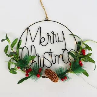 ACA Beleuchteter Weihnachtskreis „Frohe Weihnachten“, 30 LEDs, Metall + künstliche Pflanzen, batteriebetrieben (2x CR2032, warmweiß), Schutzart IP20, 30 cm, X07301664
