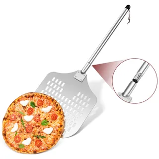 Onader Pizzaschieber, 30,6 x 42,3 cm Großer Fläche Perforierter Pizza Schieberaus Harteloxiertem Aluminium, für Grill Pizzaofen, 12 Zoll Pizzaschaufel mit Abnehmbarem Edelstahl Griff für Pizza Brot