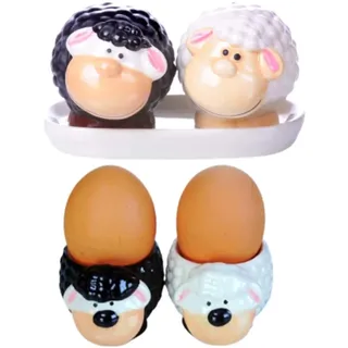 B2SEE LTD Keramik Schäfchen Schaf Salz und Pfefferstreuer und Eierbecher Set, 5-teilig, Top Qualität, Geschenk Deko