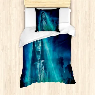 ABAKUHAUS Halloween Mantele, Gothic Geist, Milbensicher Allergiker geeignet mit Kissenbezügen, 135 cm x 200 cm - 80 x 80 cm, Blau - Blau