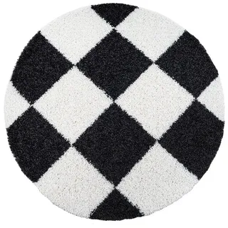 Hochflorteppich , Schwarz, Weiß , Textil , Karo , rund , für Fußbodenheizung geeignet, schmutzabweisend, für Hausstauballergiker geeignet, pflegeleicht , Teppiche und Böden, Teppiche, Runde Teppiche