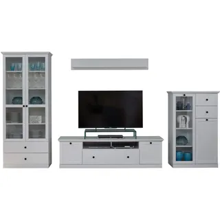 trendteam smart living - Baxter - Anbauwand - Weiß - 2X Vitrine, TV-Unterteil, Wandboard - (BxHxT) 369 x 196 x 41 cm - mit Glastüren, Sockel
