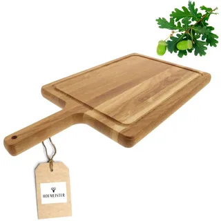 HOFMEISTER® Schneidebrett Eiche mit Griff 42,5 x 22,5 cm – Servierbrett mit Saftrille, massives Holzbrett für Küche und Tisch, Handarbeit (1 Stück)