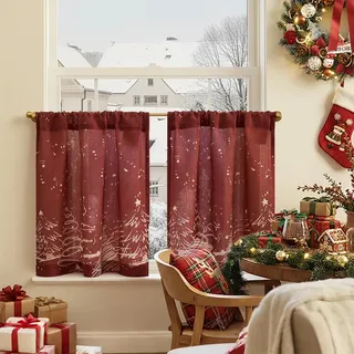 TOPICK Scheibengardinen Küche Bistrogardine 2er Set Weihnachtsgardinen Küchengardinen modern Weihnachtsbaum Küchenvorhang, H60xB65 cm Weihnachts Gardinen Wohnzimmer Scheibengardine Schlafzimmer Rot