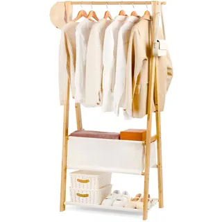 Relquorax Kleiderständer Bambus, Garderobenständer offener Kleiderschrank mit Aufbewahrungstasche und Ablage Kleiderstange Haken, stabil für Schlafzimmer Flur (S - 80cm)