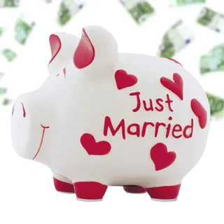 Hochzeit Sparschwein JUST Married weiß, rot - große 17 cm Erwachsenen Keramik Spardose