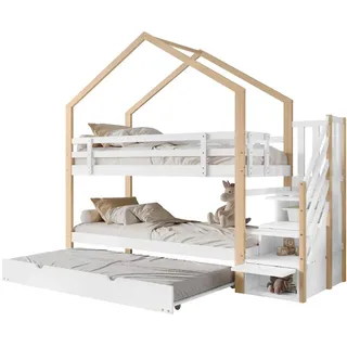 Stilvora Etagenbett 90/200 cm & 90/190 cm in Weiß & Natur Kinderbett mit Schubladen, Ausziehbett und Absturzsicherung Hausbett-Design , Naturfarben , Holz , 90x200 cm , Babymöbel & Kindermöbel, Kinderzimmer & Jugendzimmer, Stockbetten