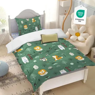 Yasida BettwäSche Wald Dunkelgrün 120x150 Waldtiere Mit Niedlichen Motiven Von Löwe Fuchs Und Eisbär FüR Jungen/MäDchen Kinder Mikrofaser BettwäSche 120x150 Mit 1 Kopfkissenbezug 40x60cm