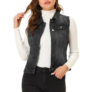 Allegra K Damen Jeansweste Ärmellos Knopfleiste Sommer Denim Revers Jacke Westen mit Taschen Schwarz XL