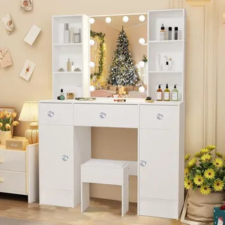 Schminktisch mit Beleuchtung und Hocker, Groß, Weiß, 100x40x140cm - Weiß