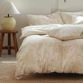 SOULFUL Leinen Bettwäsche 155x220 Baumwolle,Jacquard Bettbezug, Botanical | Jacquard Boho Textur Bettwäsche-Sets Enthält 1 Bettbezug 155x220 und 1 Kissenbezug 80x80,Öko-Tex 100 Zertifiziert