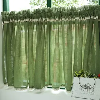 Ricemru Grün Scheibengardinen Bistro Leinen Häkelspitze 40 Hoch,Bistrogardine Halbtransparent Modern Küche,Küchegardine Kurzstore Gardine Fenstervorhang Wohnzimmer,150x40cm
