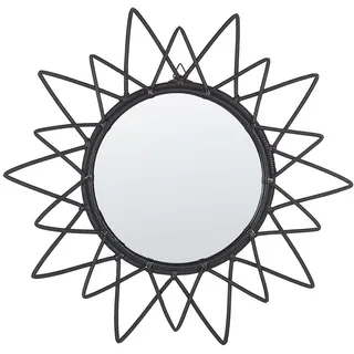 Beliani Wandspiegel Rattan schwarz Sonnenform 61 cm Aroek , Schwarz , Naturmaterialen , Rund , 61x61x3 cm , Spiegel, Wandspiegel