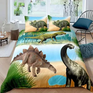 Kinder Bettwäsche Set Cartoon Dinosaurier Bettbezug Set Dinosaurier Bettwäsche Set Jungen Teens Dekorative 2 Stück Betten Set Weiche atmungsaktive Bettbezug Reißverschluss, 135x200cm + 80x80cm