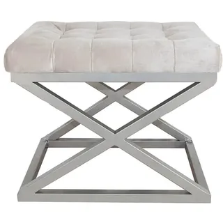 Stylish Pouffe with Metal Frame, 50 cm x 42 cm x 40 cm | 100% Polyester Babyface Fabric, Dark White & Silver | Perfect for Modern Living Spaces