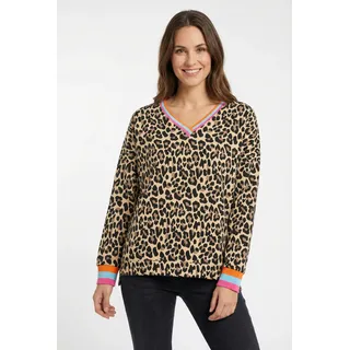 Sweatshirt ZWILLINGSHERZ "Leo Allover Neon Kante", Damen, Gr. S/M, blau (beige, türkis), Sweatware, Obermaterial: 50% Baumwolle, 50% Polyester, regular fit normal, V-Ausschnitt, angesetztes Bündchen, Sweatshirts Sweatshirt, mit trendiger Leo-Optik, Vokuhila-Schnitt und neonfarbenen Details