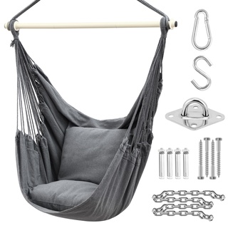 Ohuhu Hängesessel mit 2 Kissen und Deckenhaken-Kit, Hängesessel Outdoor XL Hängestuhl bis 150 kg für Erwachsene & Mädchen, Hängesitz Aufhängung Indoor Outdoor Schlafzimmer und Garten, Grau