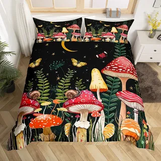 Loussiesd Pilz Drucken Bettwäsche Set 135x200cm Natürlicher Wildpilz Bettbezug Set für Kinder Jungen Mädchen Botanische Pflanzen Betten Set Schmetterling mit 1 Kissenbezug